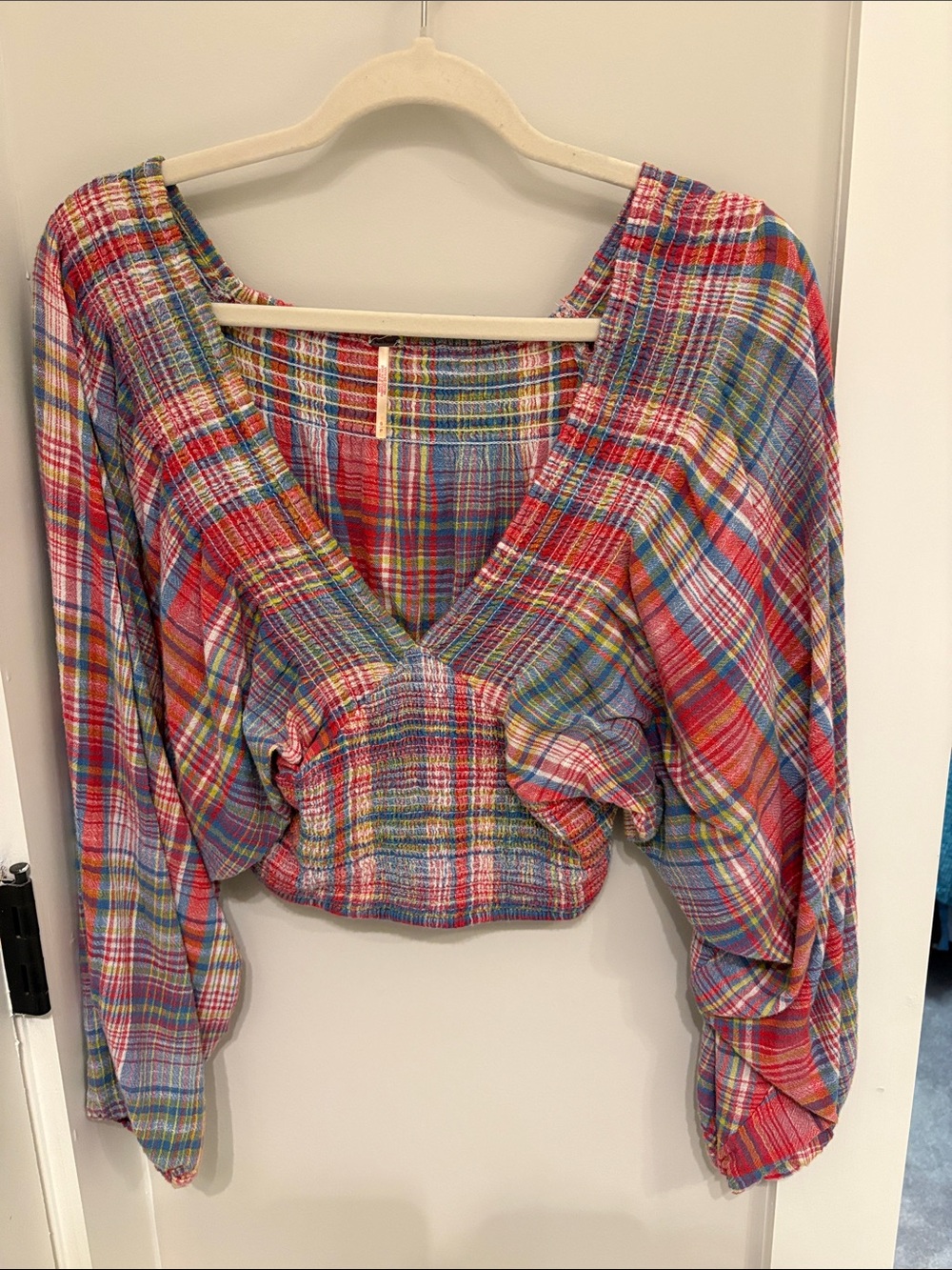 Free People Multicolor Plaid Cropped V-Neck Top